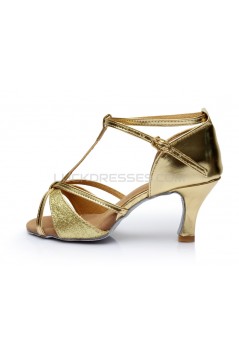 Women's Gold Leatherette Satin Heels Sandals Latin Salsa With T-Strap Buckle Dance Shoes D602006