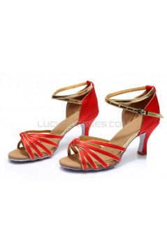 Women's Red Gold Satin Heels Sandals Latin Salsa With Ankle Strap Dance Shoes D602008