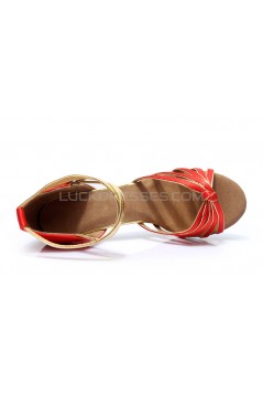Women's Red Gold Satin Heels Sandals Latin Salsa With Ankle Strap Dance Shoes D602008