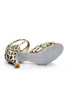 Women's Leopard Satin Heels Sandals Latin Salsa With Ankle Strap Dance Shoes D602015