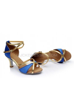 Women's Blue Gold Satin Heels Sandals Latin Salsa With Ankle Strap Dance Shoes D602018