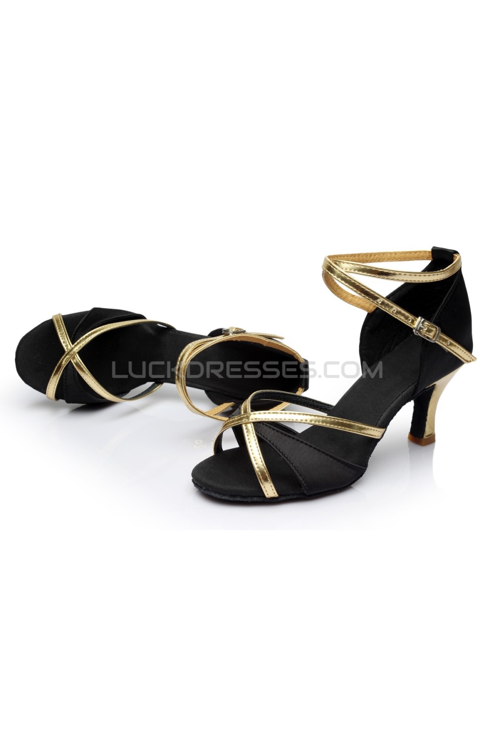 Women's Black Gold Satin Heels Sandals Salsa With Ankle Strap Shoes D602020