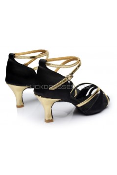 Women's Black Gold Satin Heels Sandals Latin Salsa With Ankle Strap Dance Shoes D602020