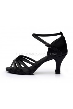 Women's Black Satin Heels Sandals Latin Salsa With Ankle Strap Dance Shoes D602024