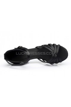 Women's Black Satin Heels Sandals Latin Salsa With Ankle Strap Dance Shoes D602024