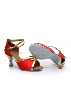 Women's Red Satin Heels Sandals Latin Salsa With Ankle Strap Dance Shoes D602025
