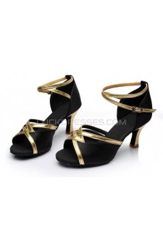 Women's Black Satin Heels Sandals Latin Salsa With Ankle Strap Dance Shoes D602028