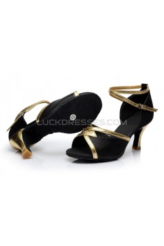 Women's Black Satin Heels Sandals Latin Salsa With Ankle Strap Dance Shoes D602028