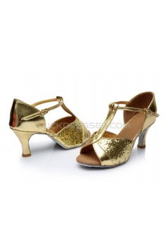 Women's Gold Sparkling Glitter Heels Sandals Latin Salsa T-Strap Dance Shoes Wedding Party Shoes D602029