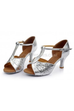 Women's Silver Sparkling Glitter Heels Sandals Latin Salsa Ballroom T-Strap Dance Shoes Wedding Party Shoes D602032