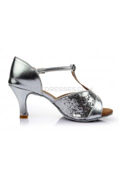 Women's Silver Sparkling Glitter Heels Sandals Latin Salsa Ballroom T-Strap Dance Shoes Wedding Party Shoes D602032