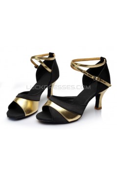 Women's Black Gold Satin Heels Sandals Latin Salsa With Ankle Strap Dance Shoes D602036