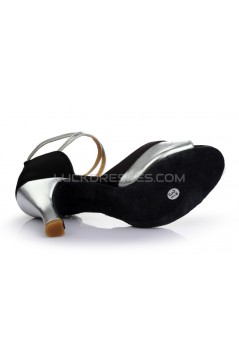 Women's Black Silver Satin Heels Sandals Latin Salsa With Ankle Strap Dance Shoes D602038