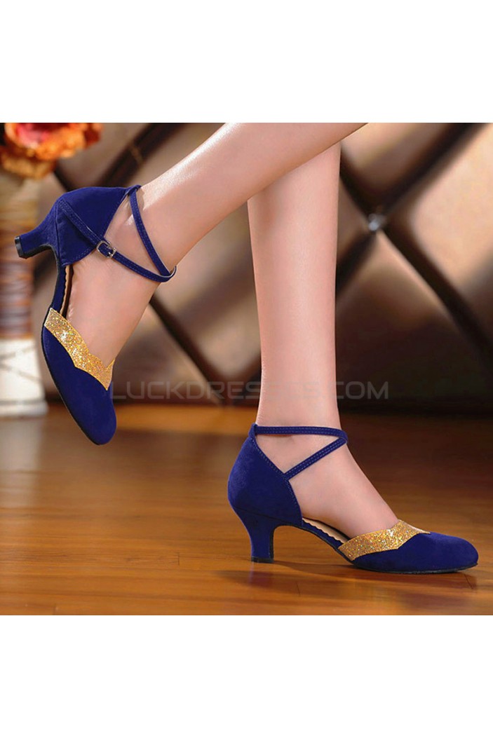 Women's Leatherette Heels With Ankle Strap Latin Ballroom Dance Shoes Blue Gold D801032
