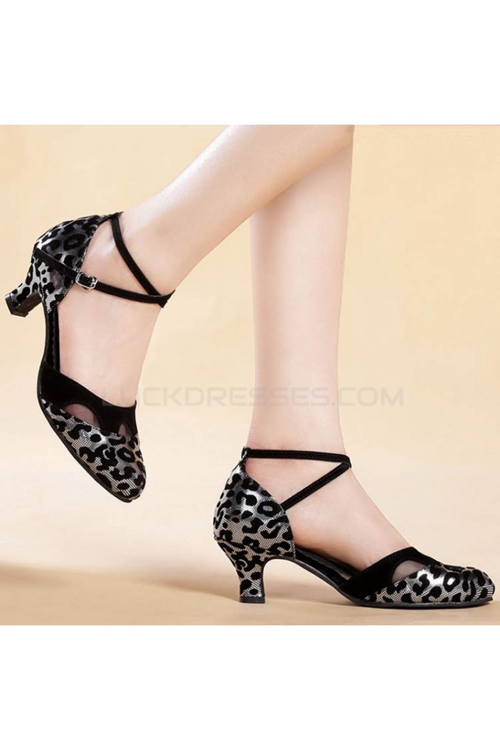 Women's Black Silver Leopard Heels Pumps With Buckle Latin Party Dance Shoes D801041