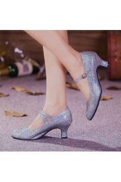 Women's Silver Sparkling Glitter Heels With Buckle Latin Ballroom/Outdoor Dance Shoes Wedding Party Shoes D801055