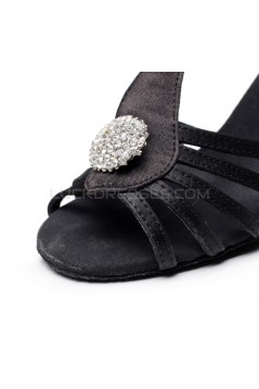 Women's Heels Black Satin Modern Ballroom Latin Salsa T-Strap Dance Shoes D901017