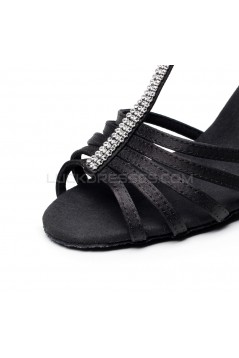 Women's Heels Black Satin Modern Ballroom Latin Salsa T-Strap Dance Shoes D901018