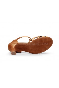 Women's Heels Brown Satin Modern Ballroom Latin Salsa T-Strap Dance Shoes D901019