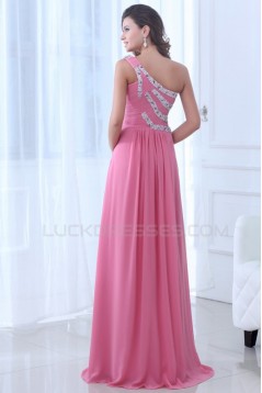 A-Line One-Shoulder Long Pink Beaded Chiffon Prom Evening Formal Party Dresses ED010002