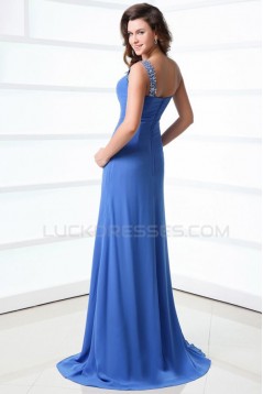 A-Line One-Shoulder Long Blue Beaded Chiffon Prom Evening Formal Party Dresses ED010003