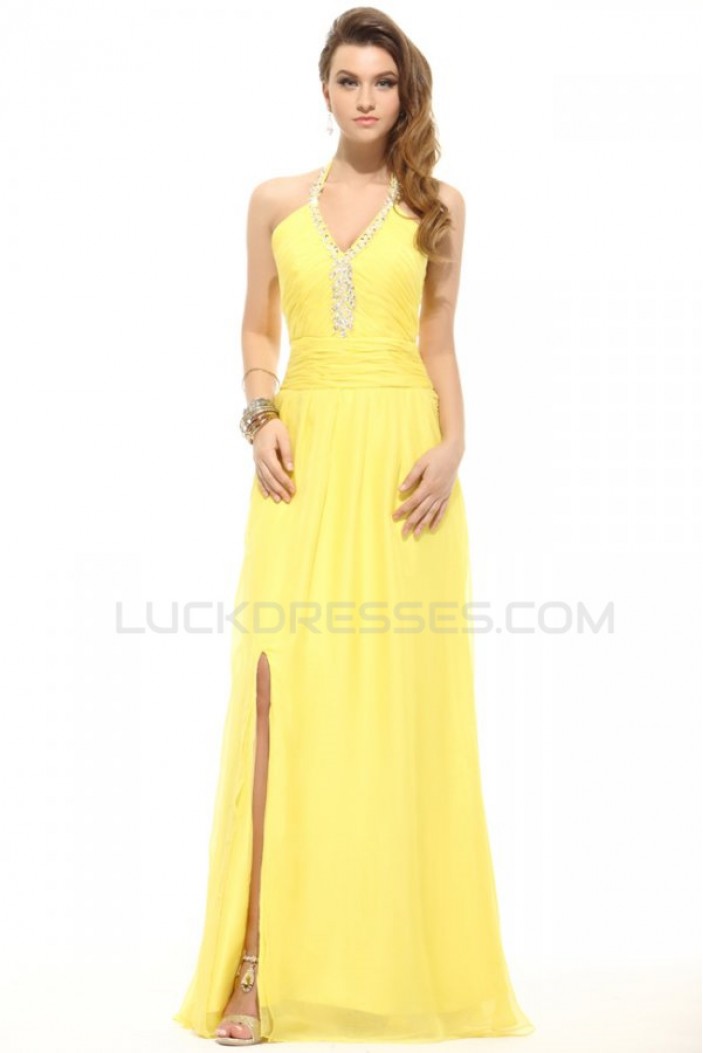 Sheath/Column Halter Long Yellow Beaded Chiffon Prom Evening Formal Party Dresses ED010007