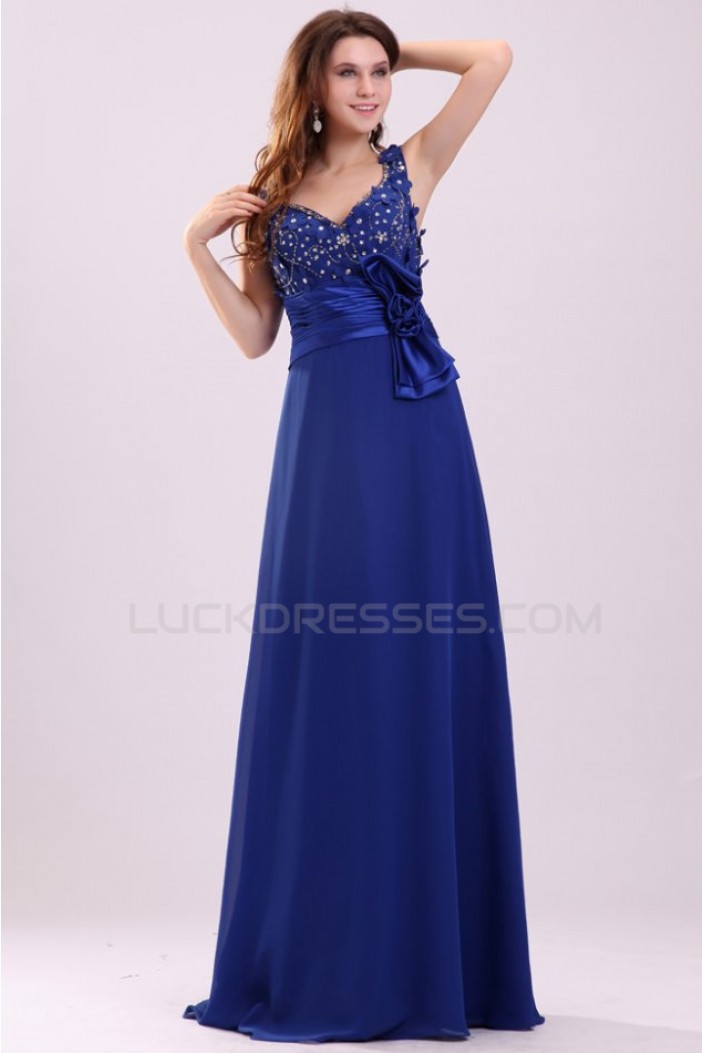 A-Line Long Blue Beaded Chiffon Prom Evening Formal Party Dresses ED010013