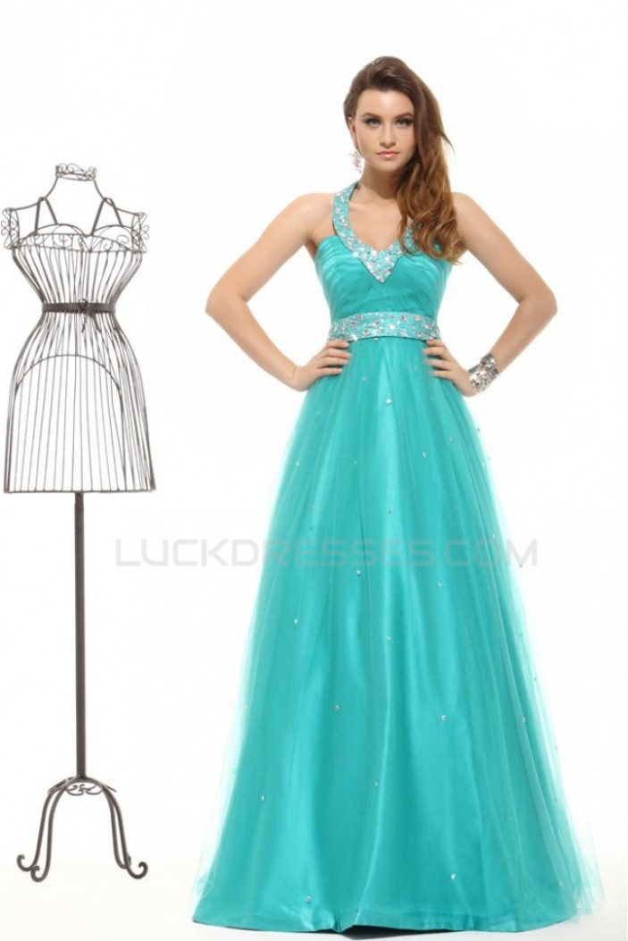 A-Line Halter Long Beaded Blue Prom Evening Formal Party Dresses ED010023