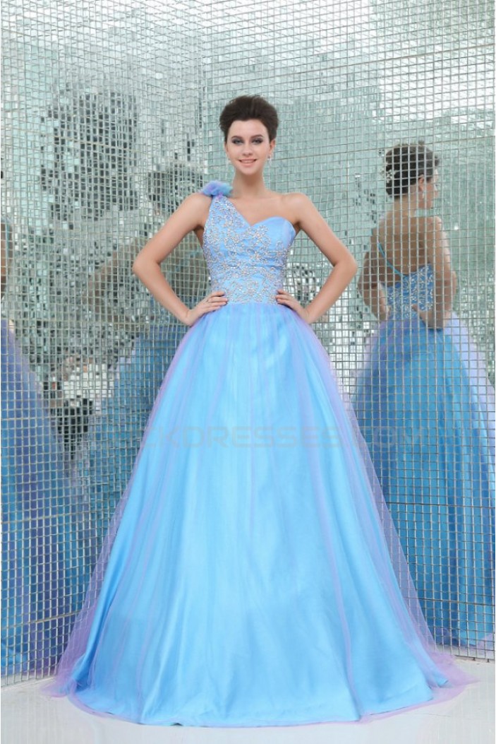 A-Line One-Shoulder Beaded Long Blue Prom Evening Formal Party Dresses ED010024
