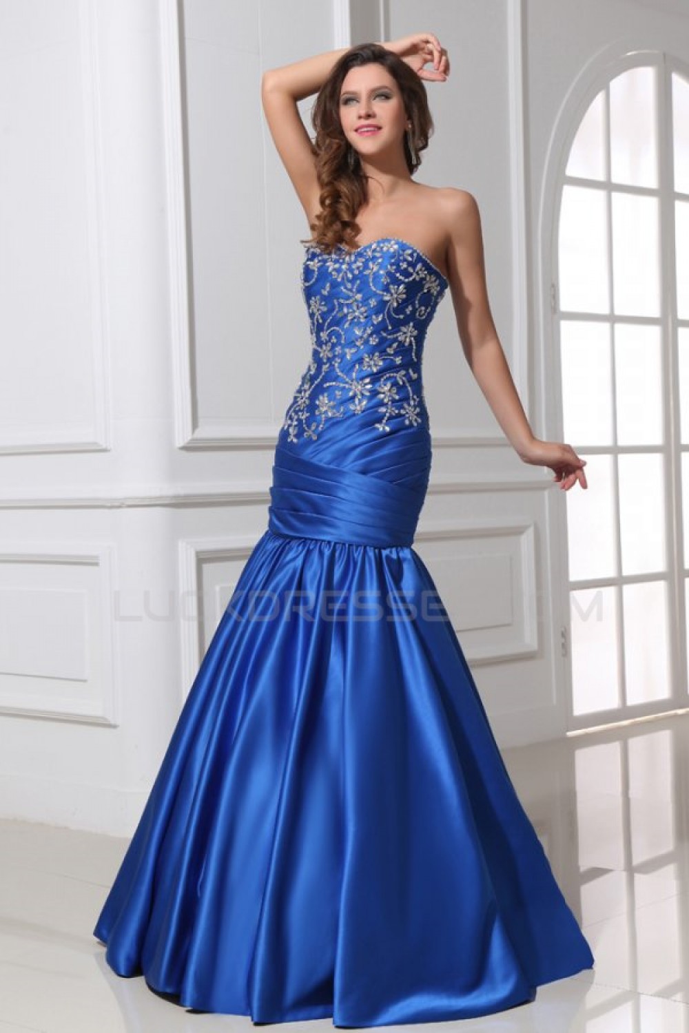 Trumpet/Mermaid Sweetheart Beaded Long Blue Prom Evening Formal Party ...