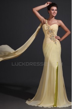Long Yellow One-Shoulder Beaded Chiffon Prom Evening Formal Party Dresses ED010050
