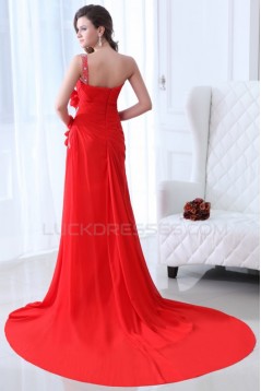 Sheath One-Shoulder Beaded Long Red Chiffon Prom Evening Formal Party Dresses ED010058