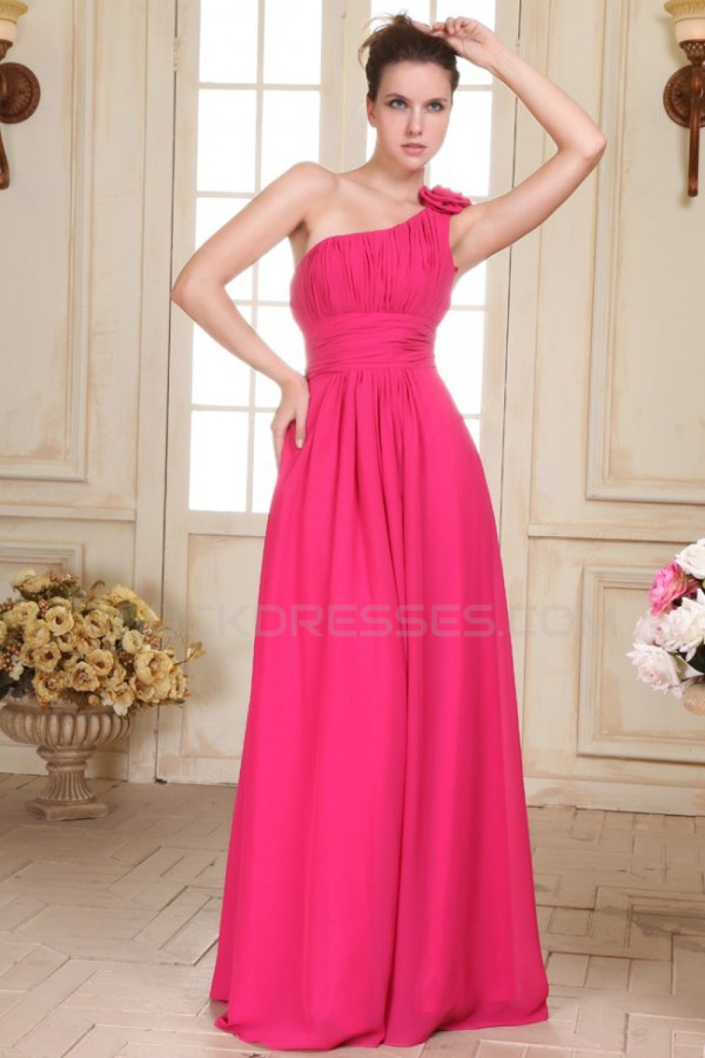 A-Line One-Shoulder Long Pink Chiffon Prom Evening Formal Party Dresses ...