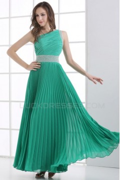 A-Line One-Shoulder Beaded Pleated Long Green Chiffon Prom Evening Formal Party Dresses ED010084