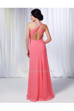 Sheath/Column Beaded Long Pink Chiffon Prom Evening Formal Dresses ED011002