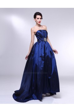 A-Line Strapless Beaded Blue Taffeta Prom Evening Formal Dresses ED011006