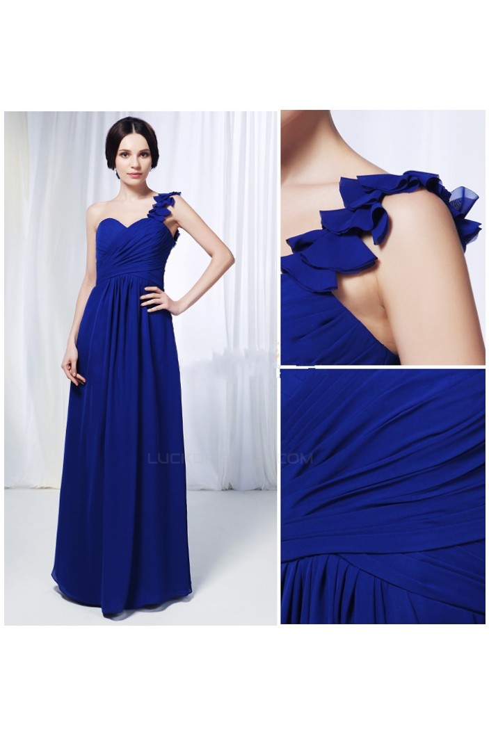 A-Line One-Shoulder Long Blue Chiffon Prom Evening Formal Dresses ED011013