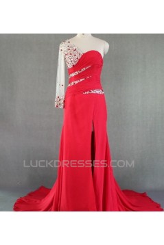 Sheath Beaded One Long Sleeve Long Red Chiffon Prom Evening Formal Dresses ED011025