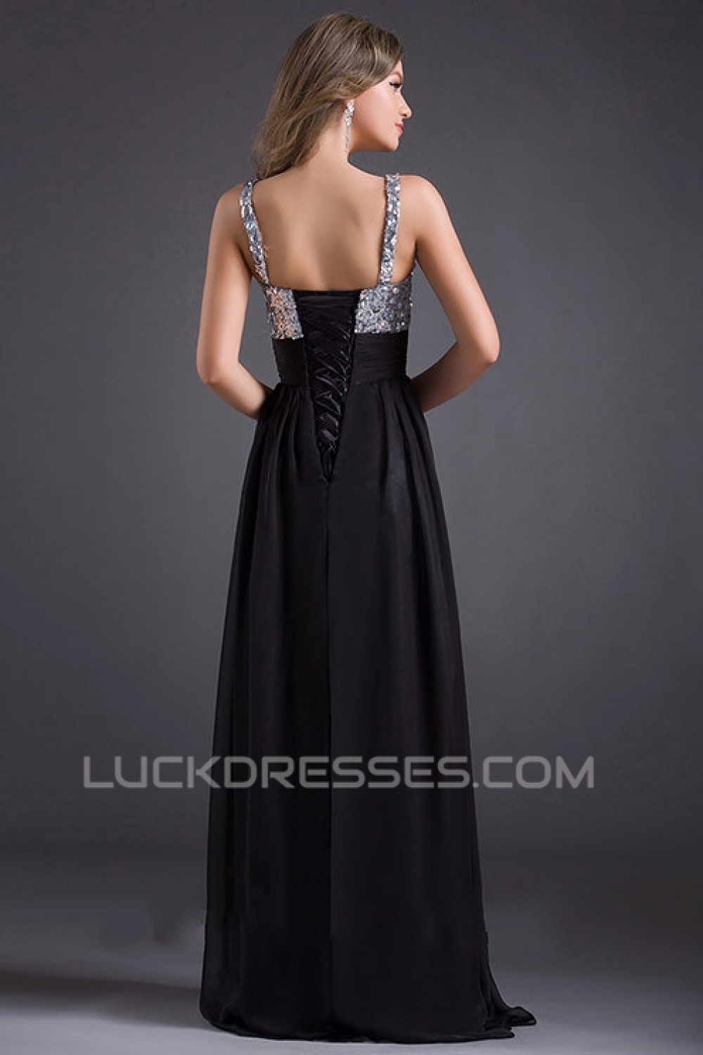 A-Line Beaded Sequins Long Black Chiffon Prom Evening Formal Dresses ...