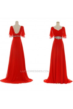 A-Line Short Sleeve Beaded Long Red Chiffon Prom Evening Formal Dresses ED011041
