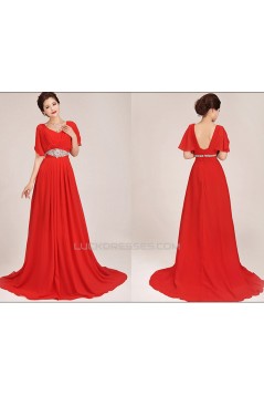 A-Line Short Sleeve Beaded Long Red Chiffon Prom Evening Formal Dresses ED011041