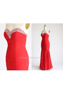 Sweetheart Long Red Beaded Chiffon Prom Evening Formal Dresses ED011091