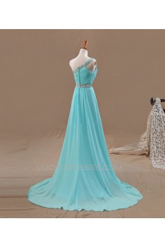 A-Line One-Shoulder Beaded Long Blue Chiffon Prom Evening Formal Dresses ED011108