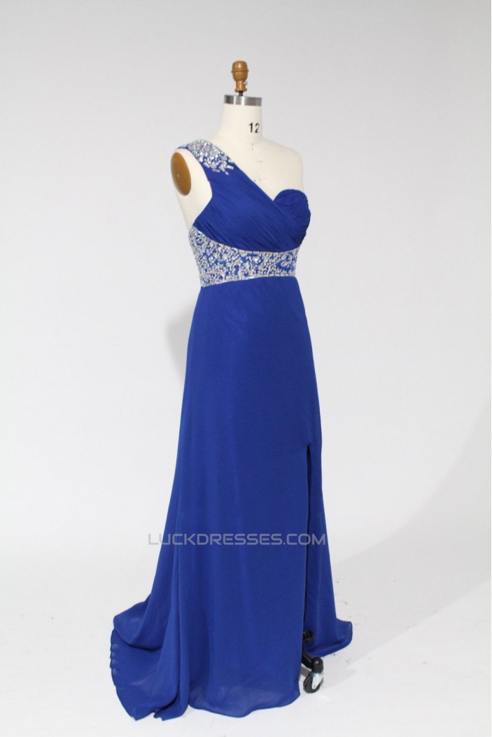 A-Line One-Shoulder Beaded Long Blue Chiffon Prom Evening Formal Dresses ED011111