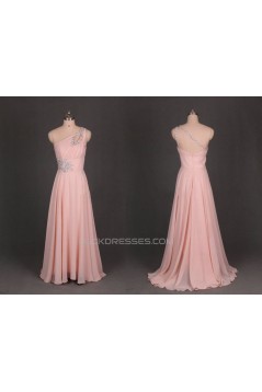 A-Line One-Shoulder Beaded Long Pink Chiffon Prom Evening Formal Dresses ED011114