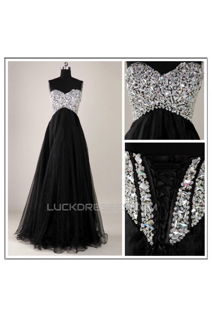 A-Line Sweetheart Beaded Long Black Chiffon Prom Evening Formal Dresses ED011138