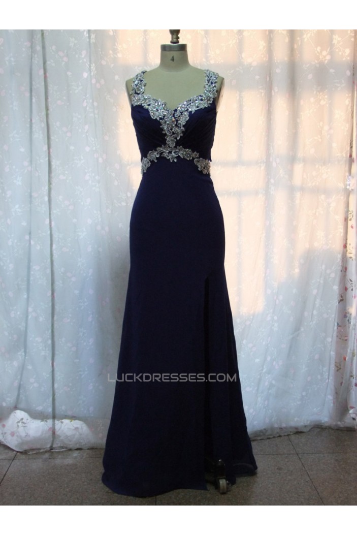 Sheath Beaded Long Blue Chiffon Prom Evening Formal Dresses ED011151
