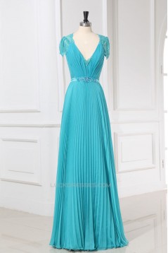 A-Line V-Neck Cap-Sleeve Beaded Long Lace and Chiffon Prom Evening Formal Dresses ED011158