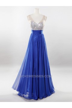 A-Line Beaded Long Blue Chiffon Prom Evening Formal Dresses ED011192