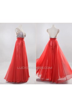 A-Line Beaded Long Red Chiffon Prom Evening Formal Dresses ED011193